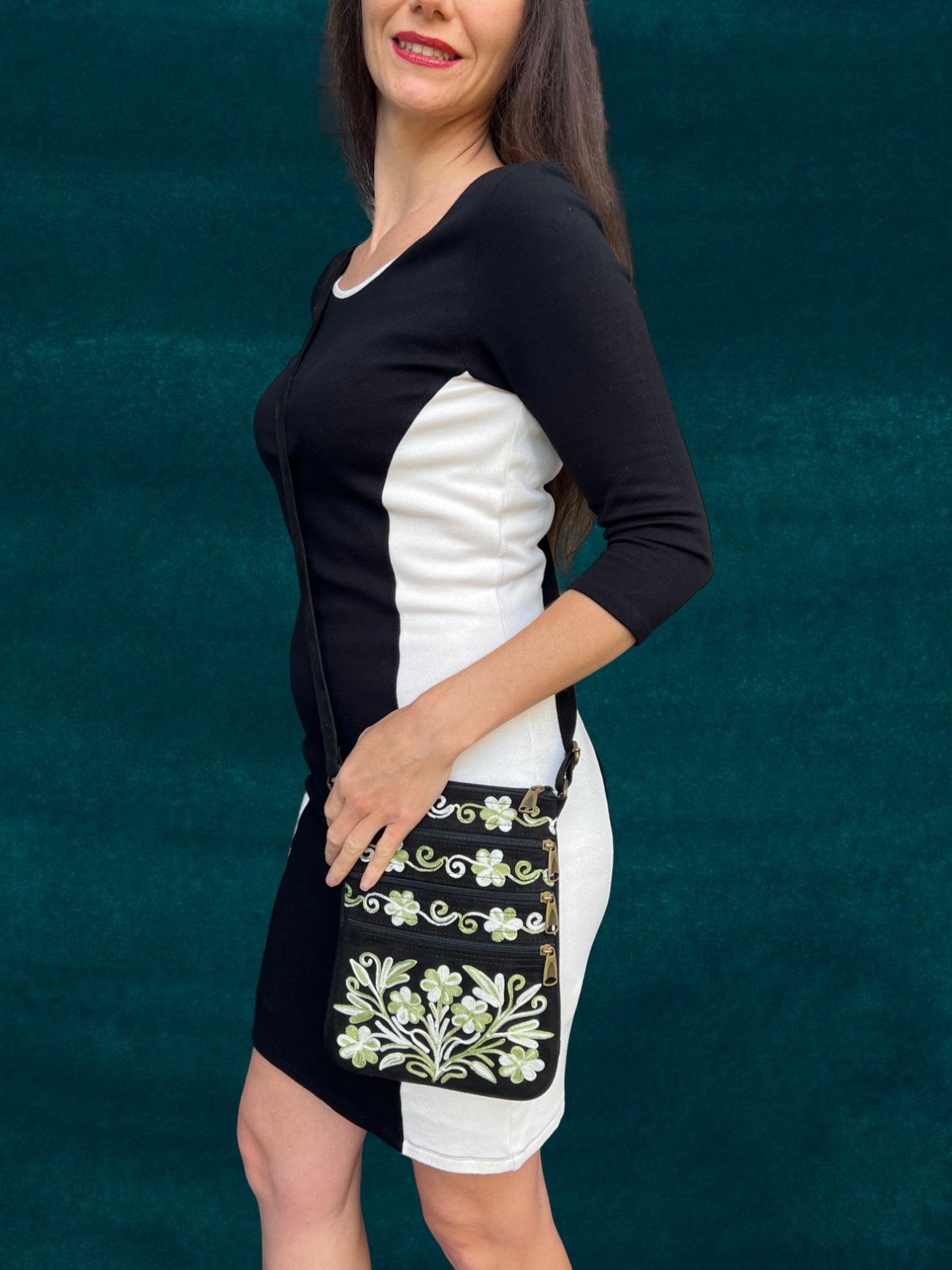 Sage And Black Suede Embroidered Crossbody Bag For Women - Rosetta Creative Boutique