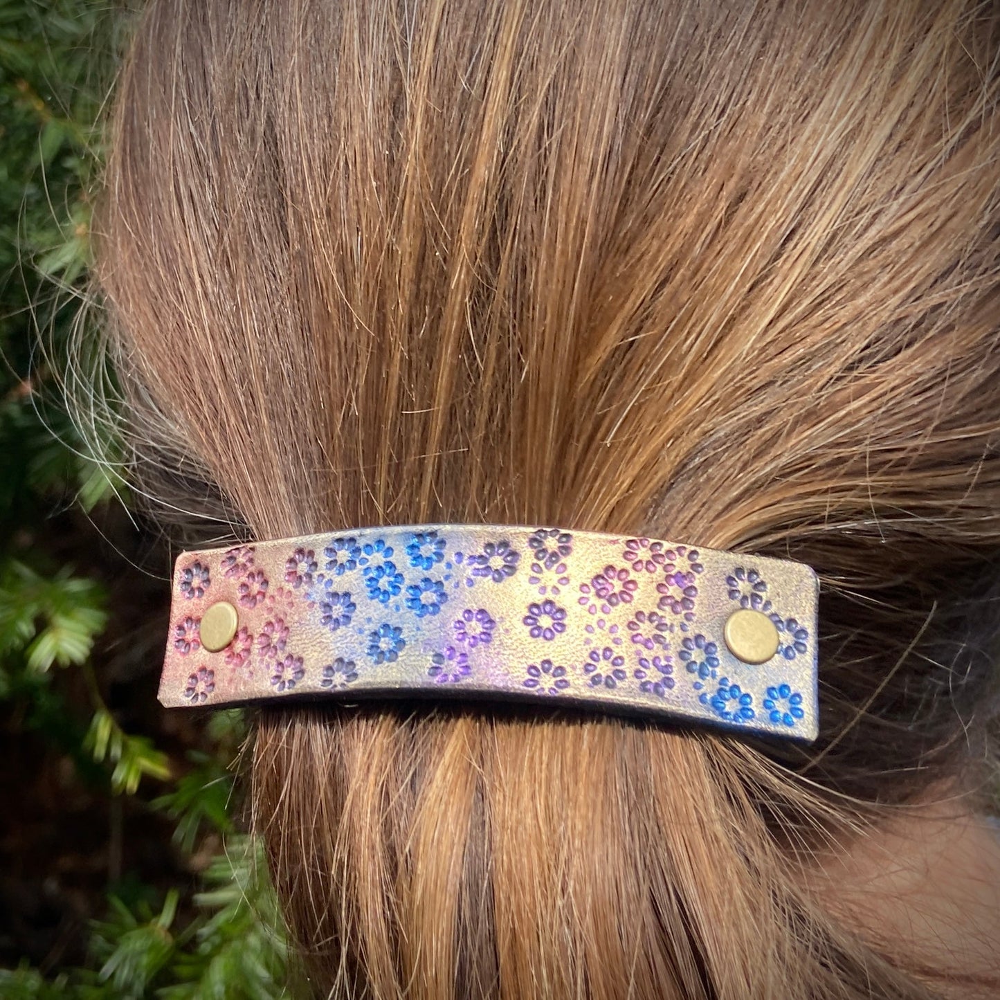 Wildflowers Rustic Stamped Leather Barrette Gold Pink Blue - Rosetta Creative Boutique