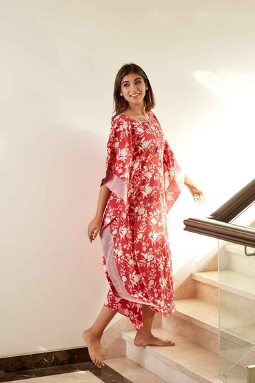 Red Floral Print Kaftan
