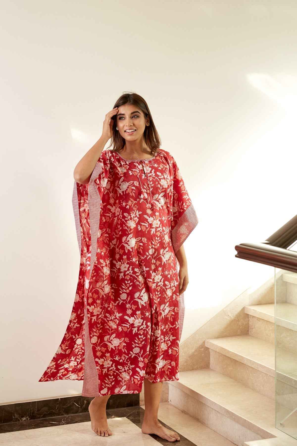 Red Floral Print Kaftan