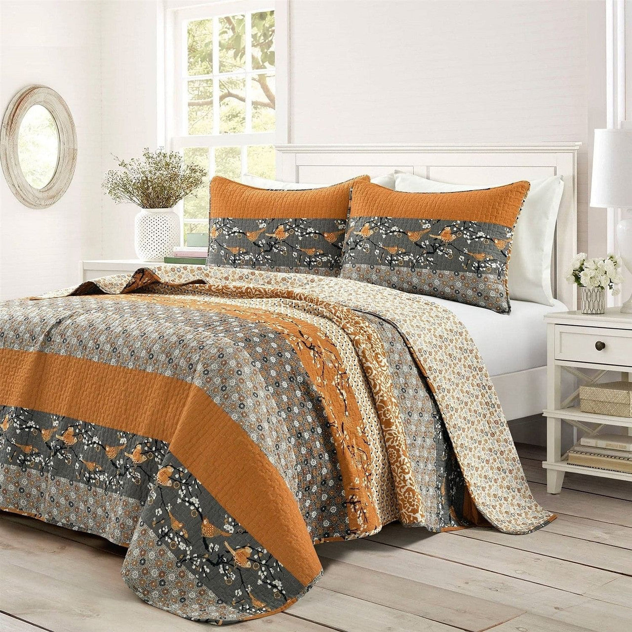 King Size Orange Grey Boho Floral Birds Reversible Quilt Set - Rosetta Creative Boutique