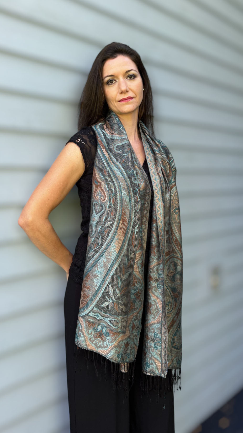 Teal Gold Reversible Pashmina Scarf Inspired by Kashmir - Jamawar Design - Rosetta Creative Boutique