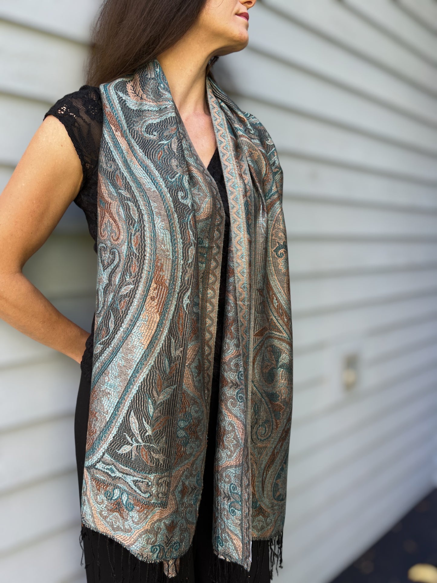 Teal Gold Reversible Pashmina Scarf Inspired by Kashmir - Jamawar Design - Rosetta Creative Boutique