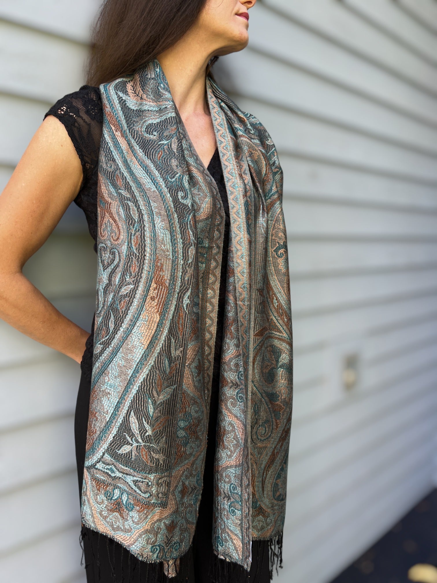 Teal Gold Reversible Pashmina Scarf Inspired by Kashmir - Jamawar Design - Rosetta Creative Boutique