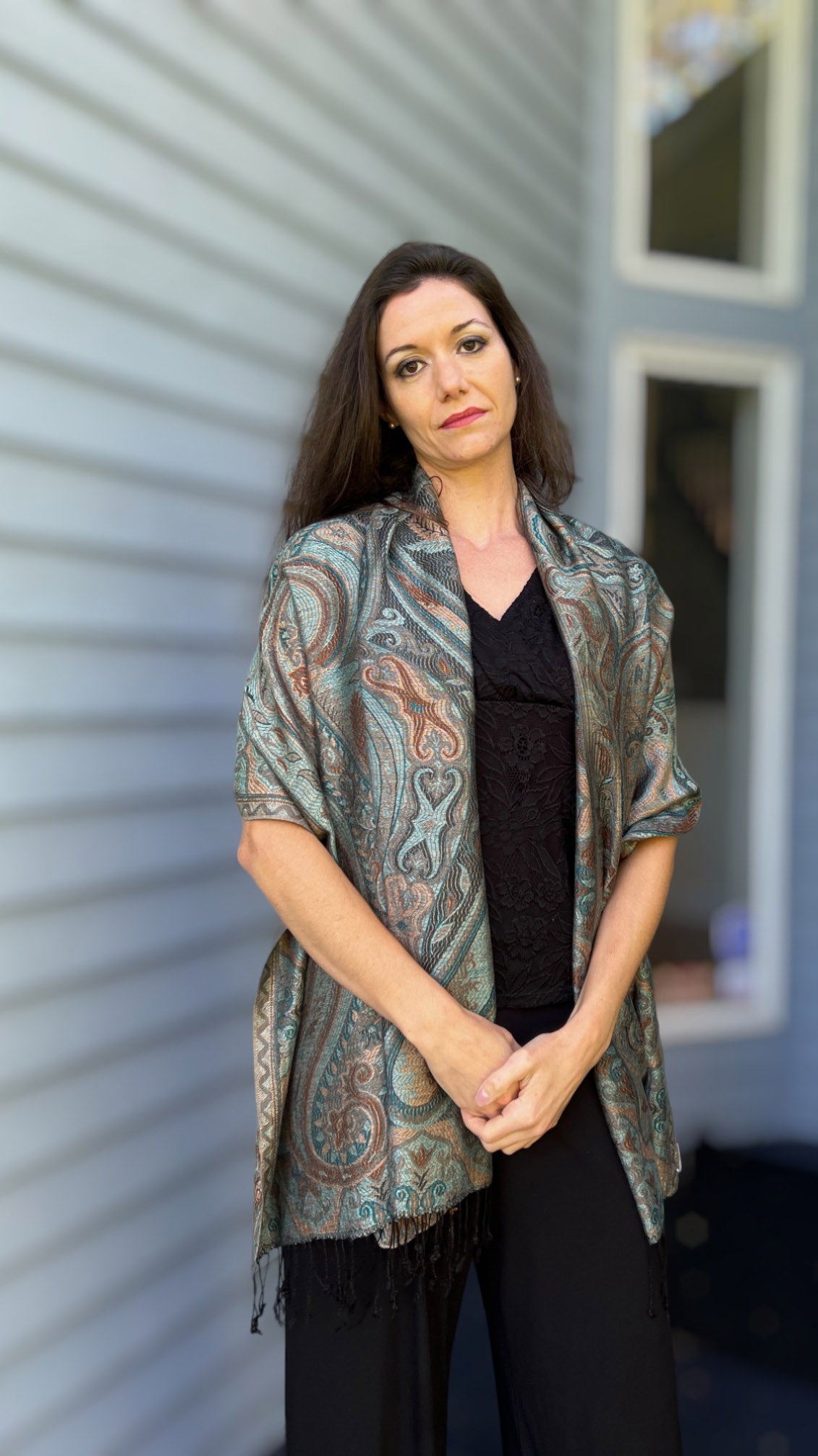 Teal Gold Reversible Pashmina Scarf Inspired by Kashmir - Jamawar Design - Rosetta Creative Boutique