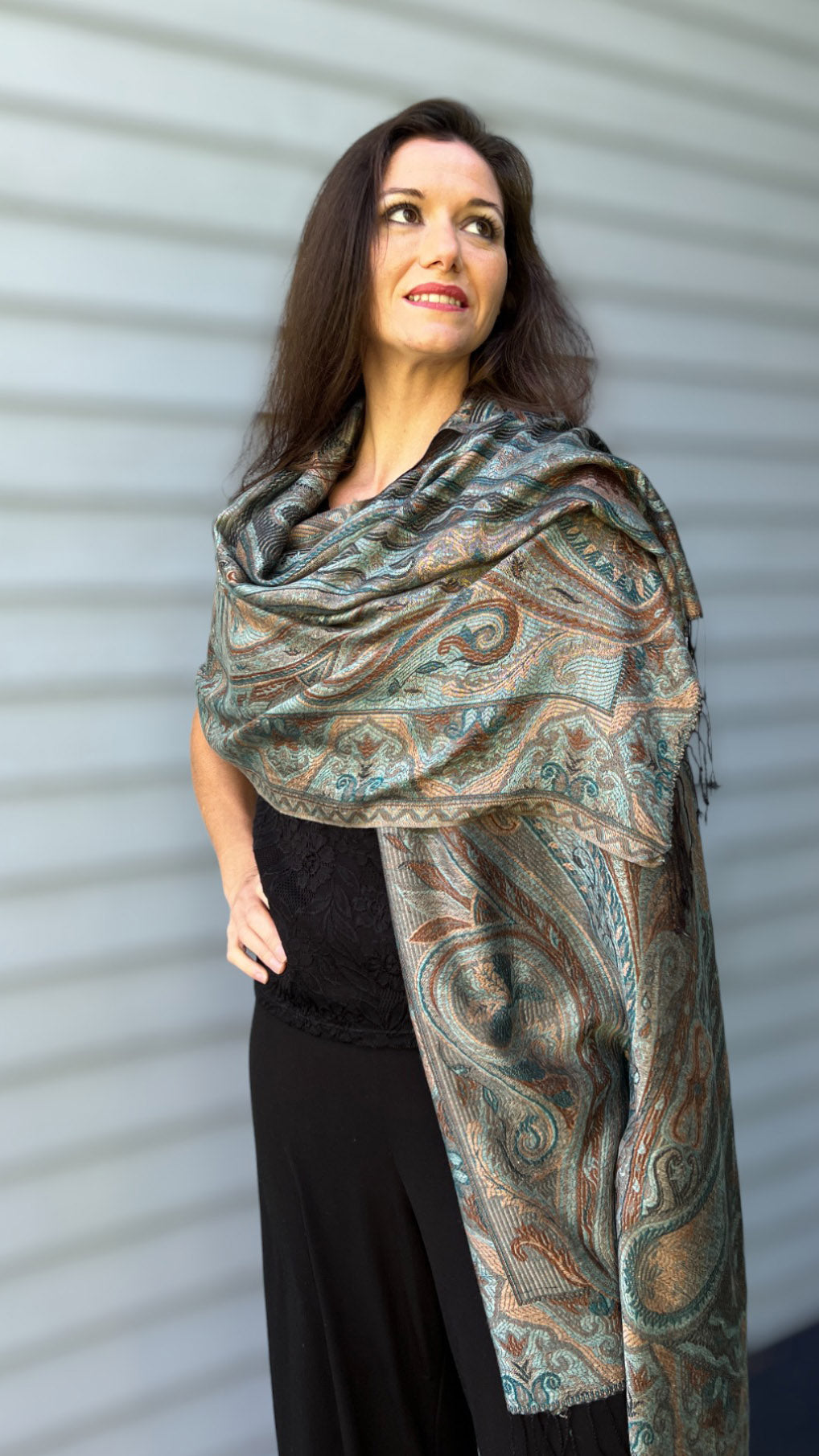 Teal Gold Reversible Pashmina Scarf Inspired by Kashmir - Jamawar Design - Rosetta Creative Boutique