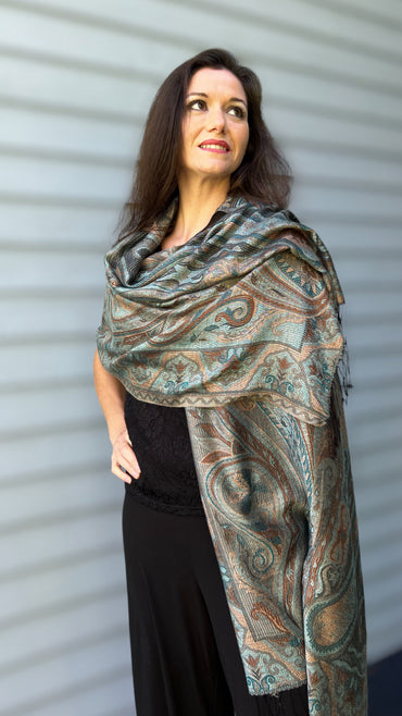 Teal Gold Reversible Pashmina Scarf Inspired by Kashmir - Jamawar Design - Rosetta Creative Boutique
