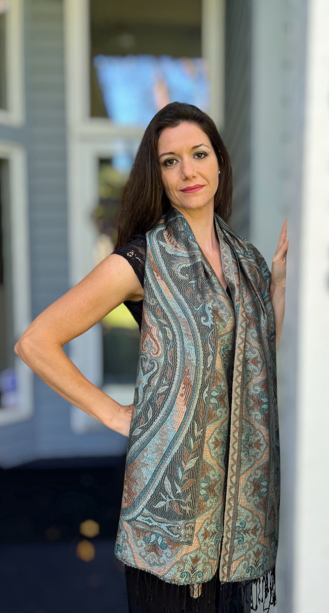 Teal Gold Reversible Pashmina Scarf Inspired by Kashmir - Jamawar Design - Rosetta Creative Boutique