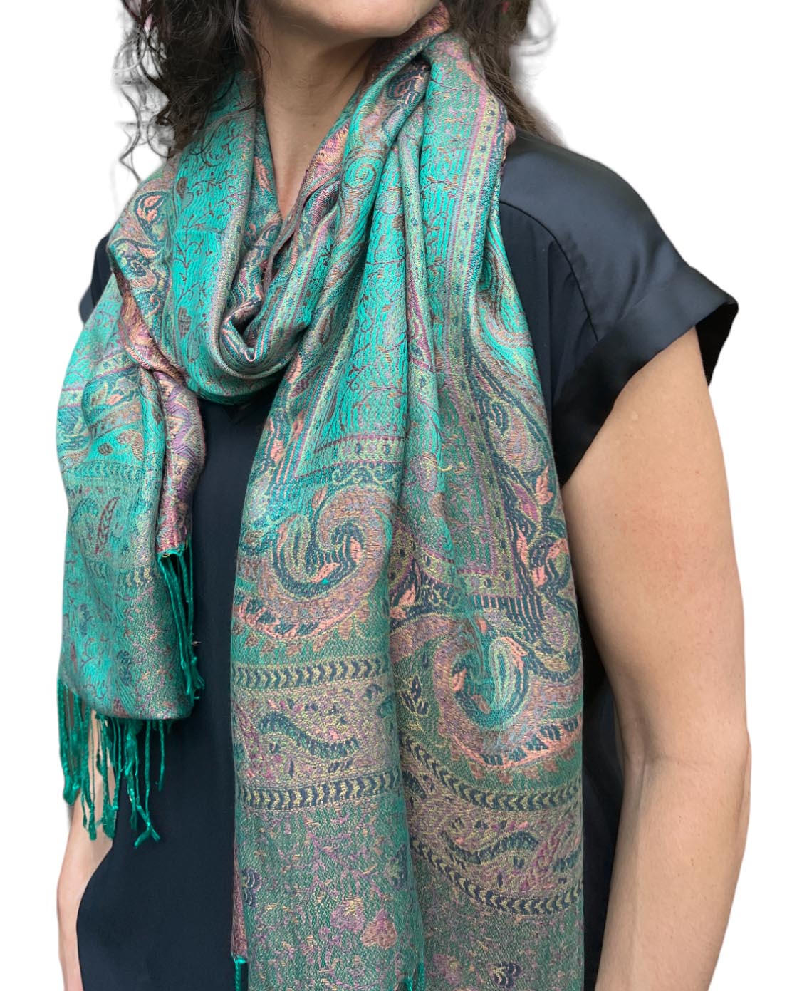 Emerald Green Pashmina Scarf - Reversible Jamawar Modal Silk - Rosetta Creative Boutique