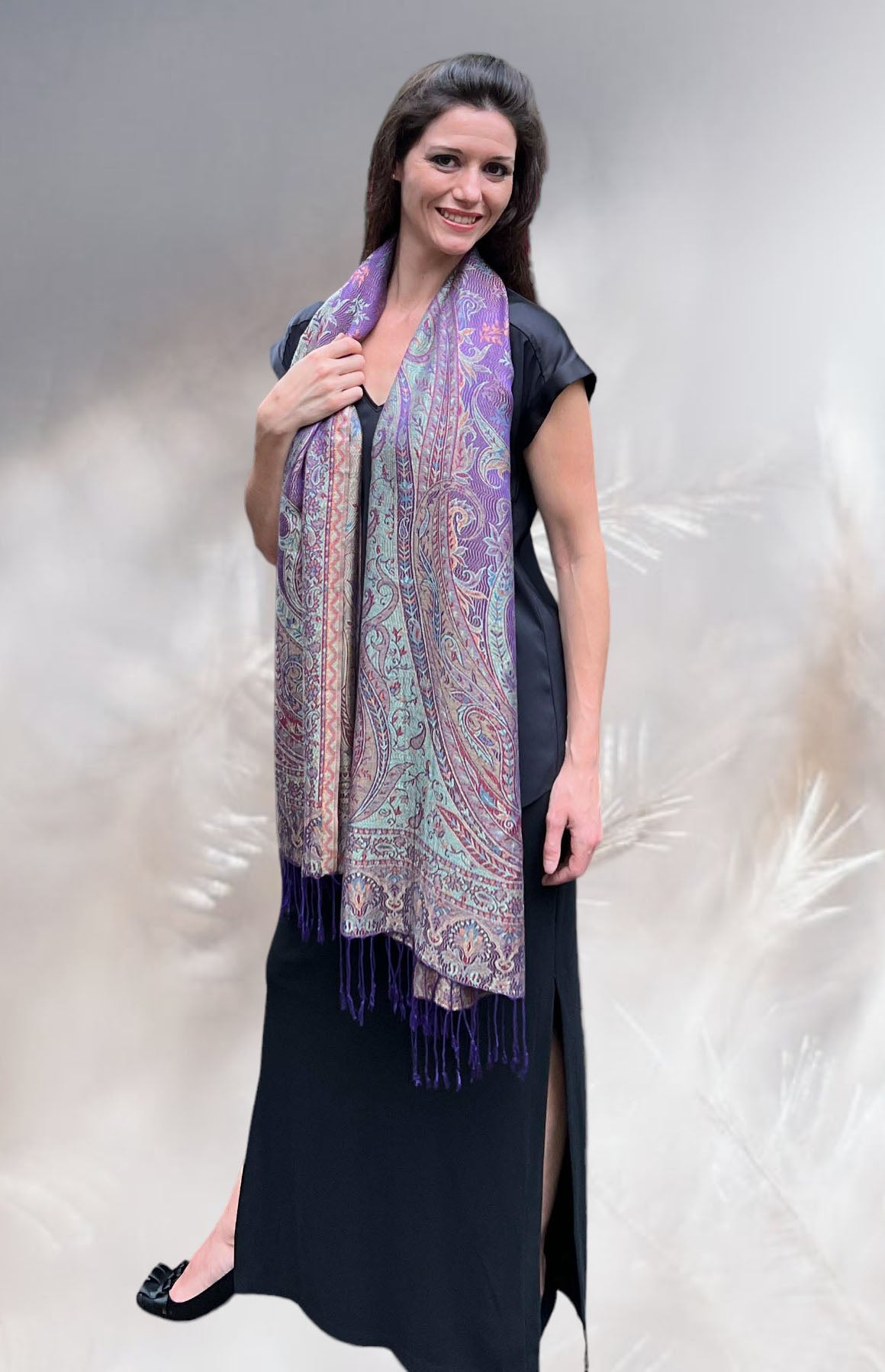 Purple Jamawar Pashmina Scarf Reversible with Fringes for Elegant Style - Rosetta Creative Boutique