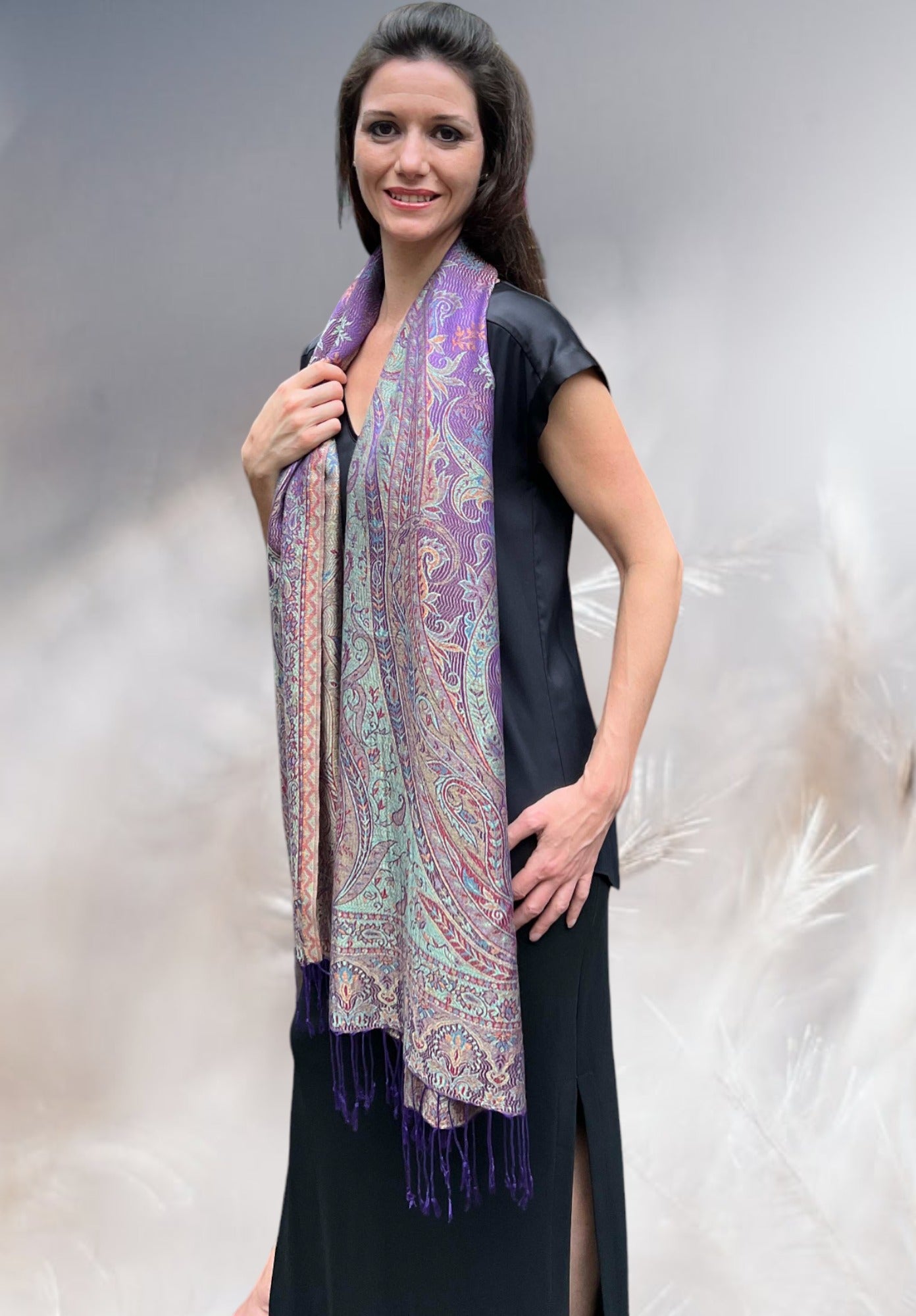 Purple Jamawar Pashmina Scarf Reversible with Fringes for Elegant Style - Rosetta Creative Boutique