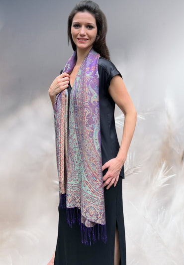 Purple Jamawar Pashmina Scarf Reversible with Fringes for Elegant Style - Rosetta Creative Boutique