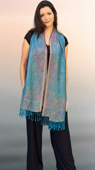 Turquoise Jamawar Pashmina Scarf Reversible Modal Silk for Elegant Style - Rosetta Creative Boutique