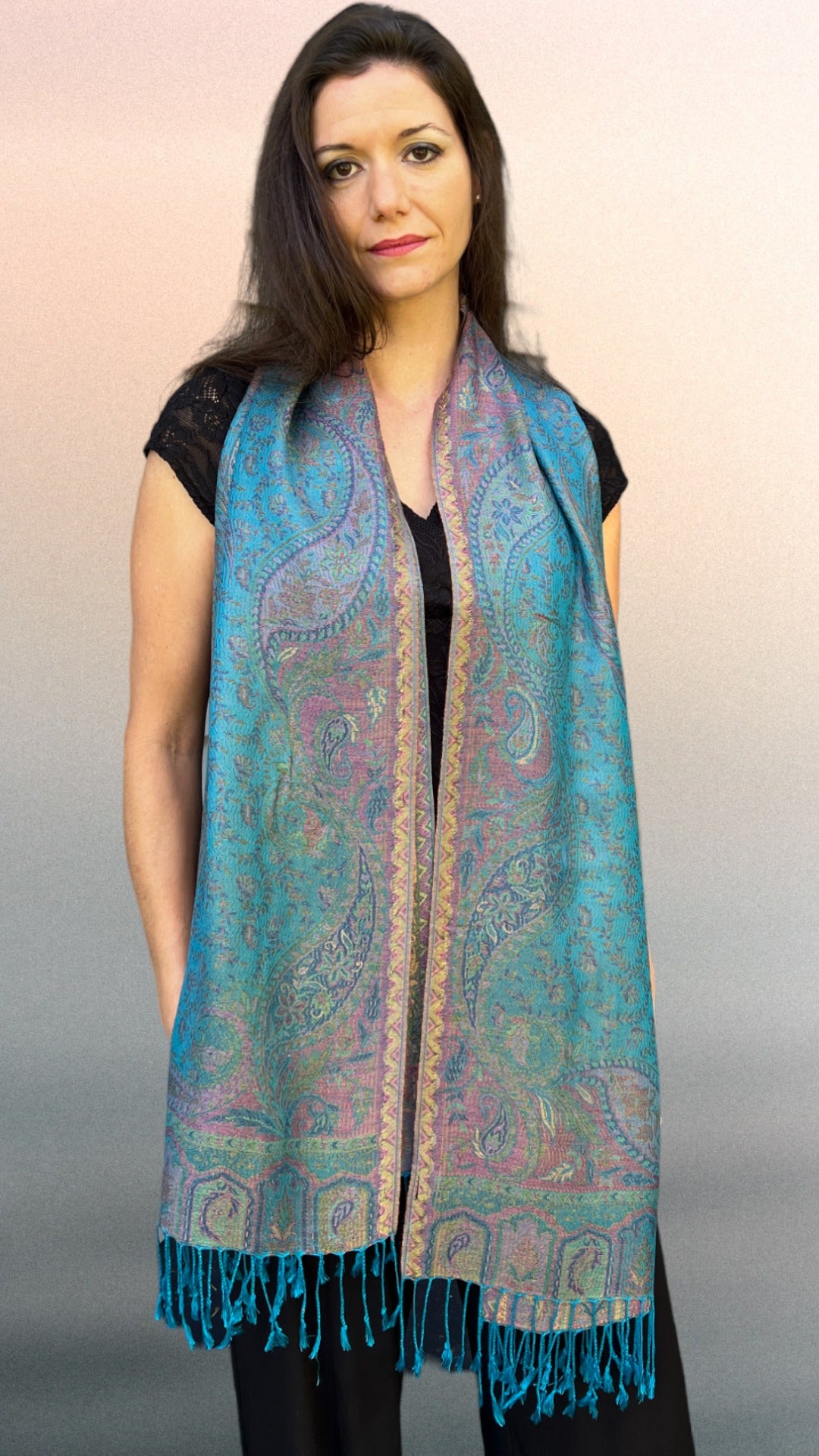 Turquoise Jamawar Pashmina Scarf Reversible Modal Silk for Elegant Style - Rosetta Creative Boutique