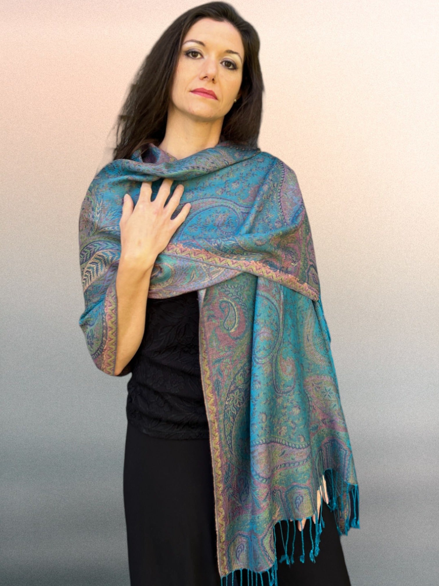 Turquoise Jamawar Pashmina Scarf Reversible Modal Silk for Elegant Style - Rosetta Creative Boutique