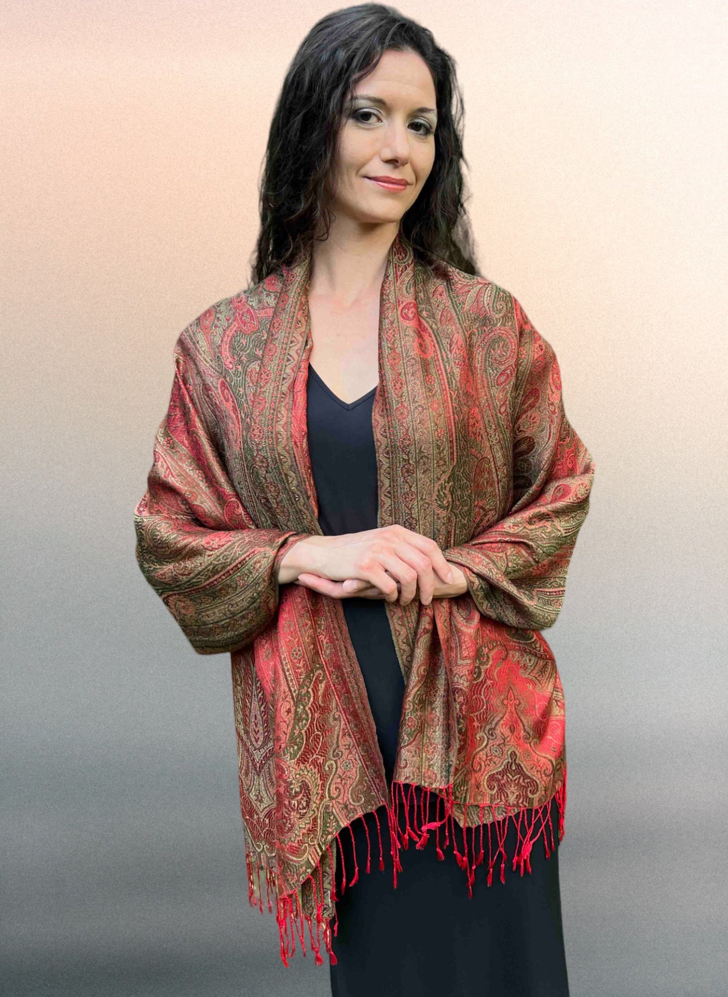 Red Pashmina Scarf - Luxurious Reversible Jamawar Fringed Wrap - Rosetta Creative Boutique