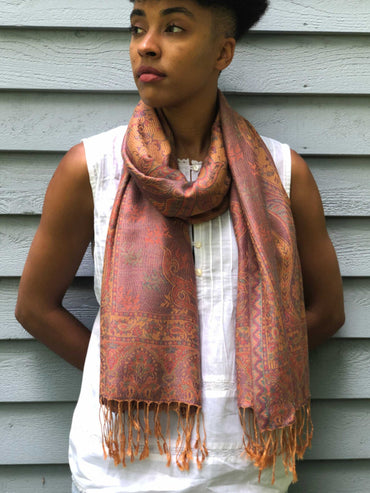 Coral Modal Jamawar Pashmina Scarf Reversible Fringes - Rosetta Creative Boutique