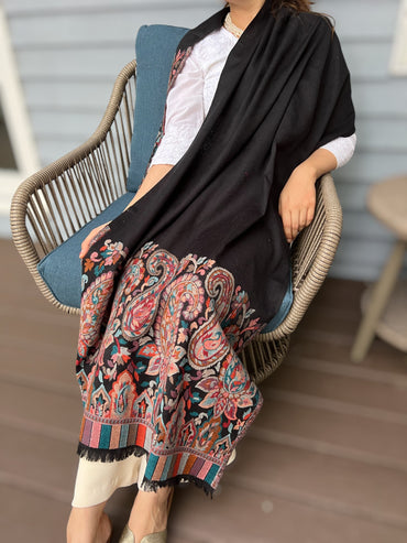Black Wool Kashmir Jamawar Pashmina Shawl With Silk Blend - Rosetta Creative Boutique