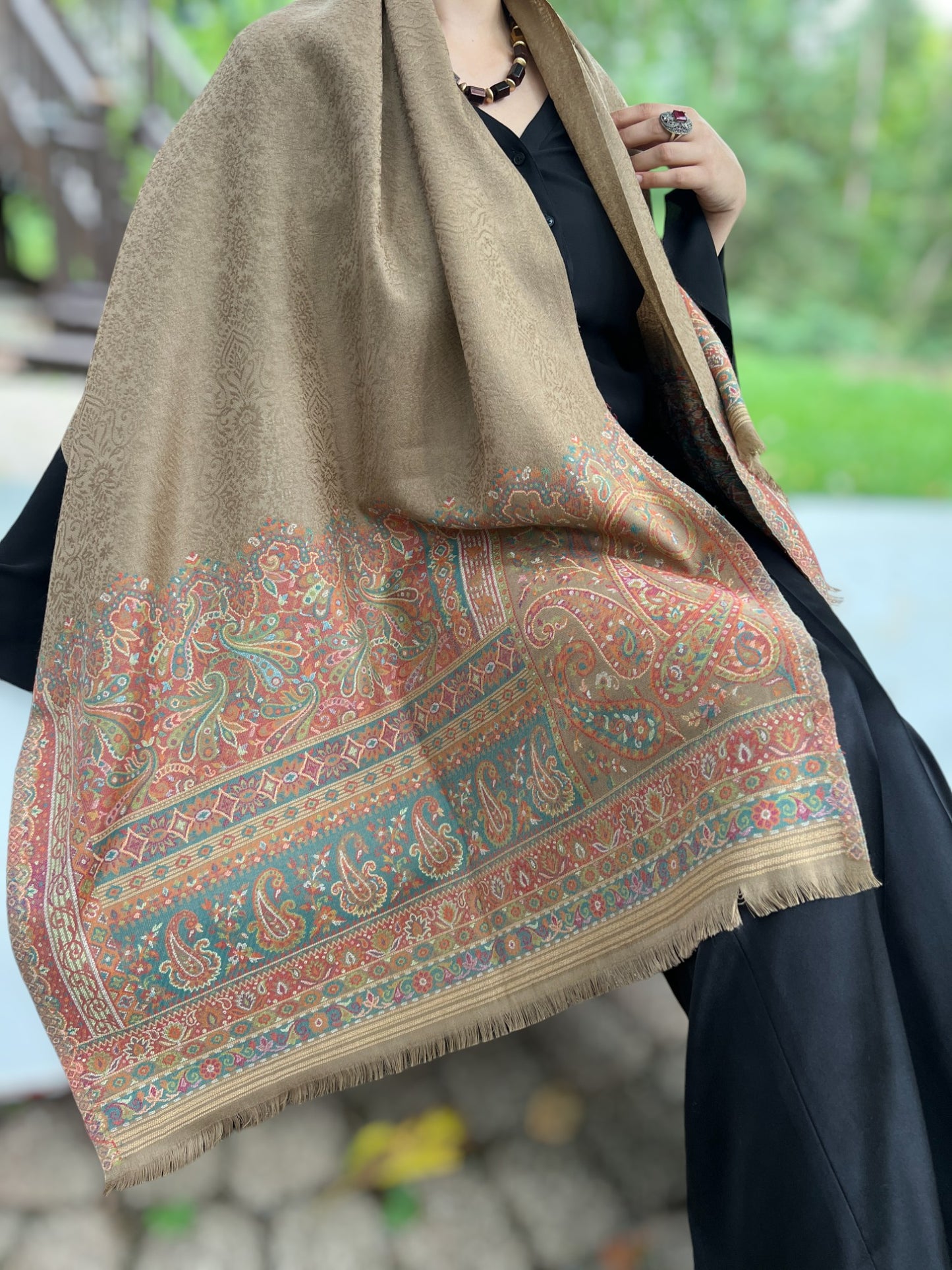 Beige Wool Kashmir Jamawar Pashmina Shawl For Elegant Wear - Rosetta Creative Boutique