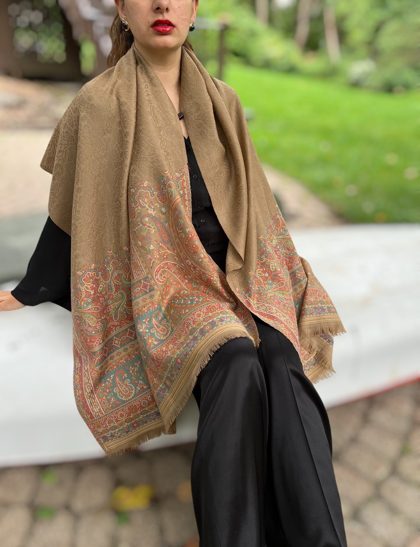 Beige Wool Kashmir Jamawar Pashmina Shawl For Elegant Wear - Rosetta Creative Boutique