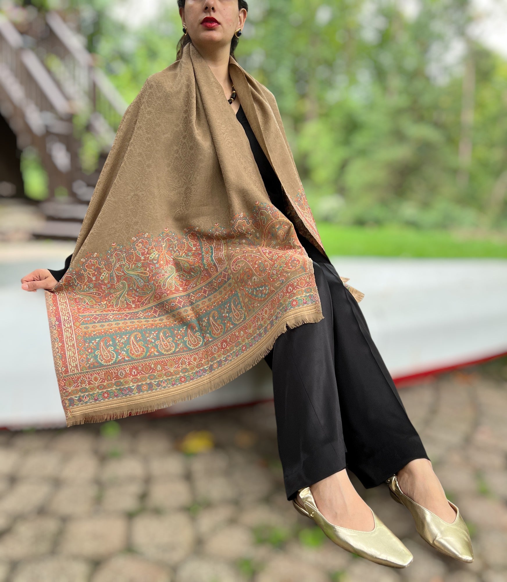 Beige Wool Kashmir Jamawar Pashmina Shawl For Elegant Wear - Rosetta Creative Boutique