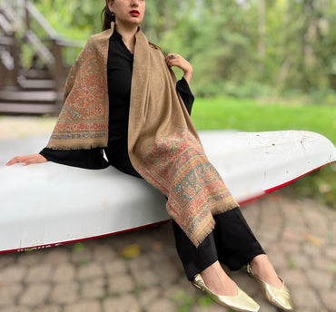 Beige Wool Kashmir Jamawar Pashmina Shawl For Elegant Wear - Rosetta Creative Boutique