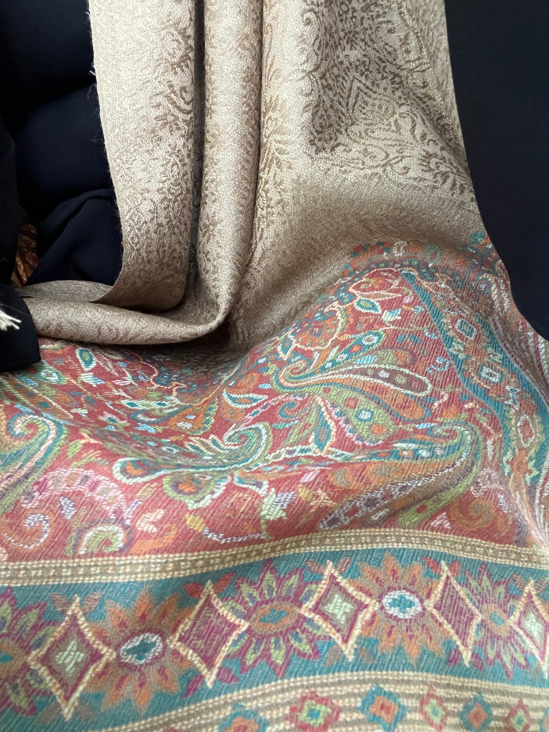 Beige Wool Kashmir Jamawar Pashmina Shawl For Elegant Wear - Rosetta Creative Boutique