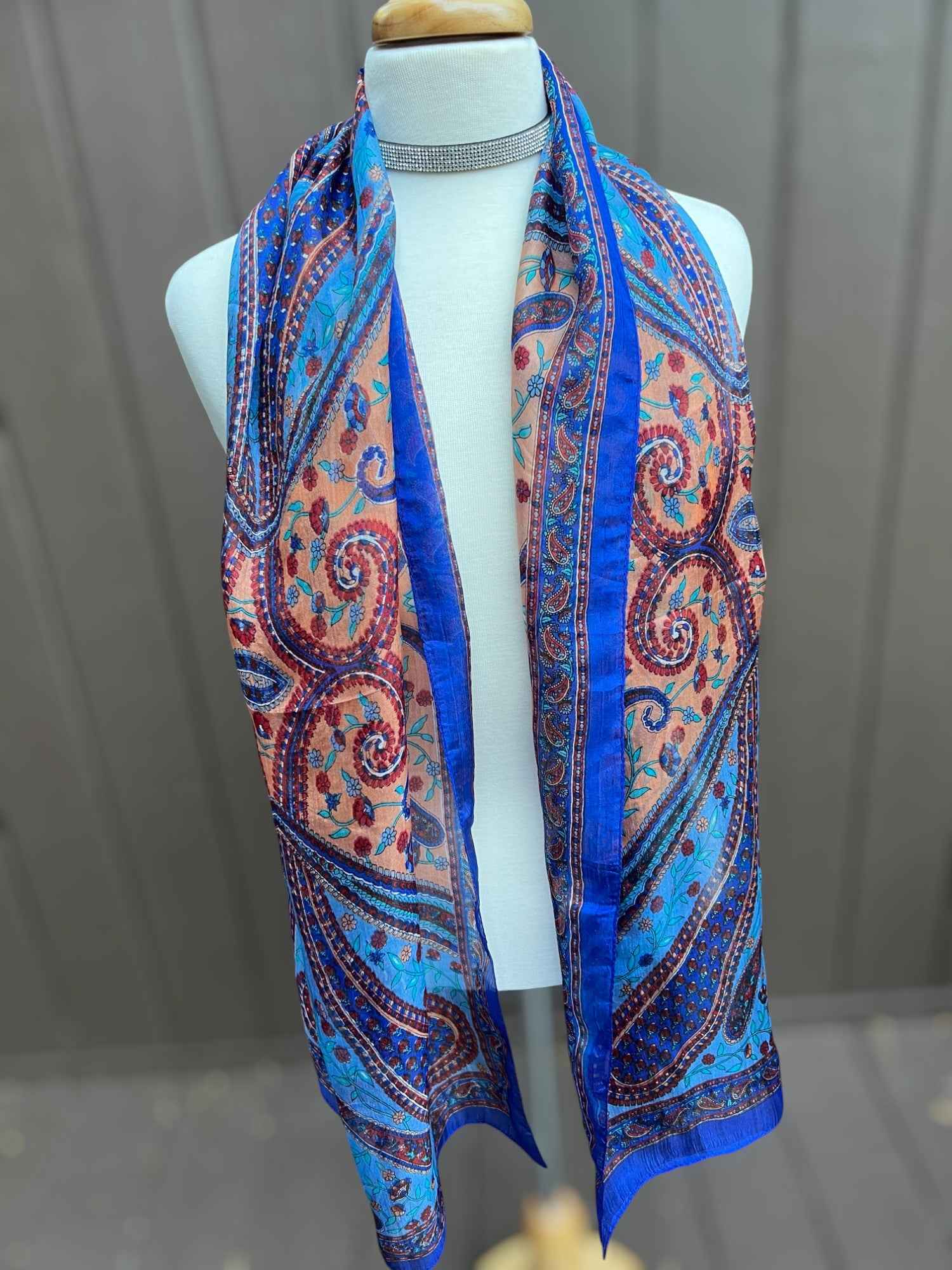 Blue and Peach Silk Scarf