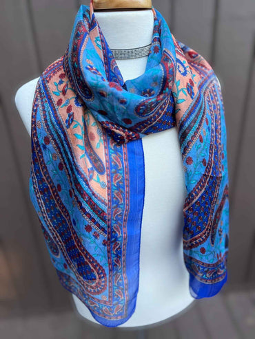 Blue and Peach Silk Scarf