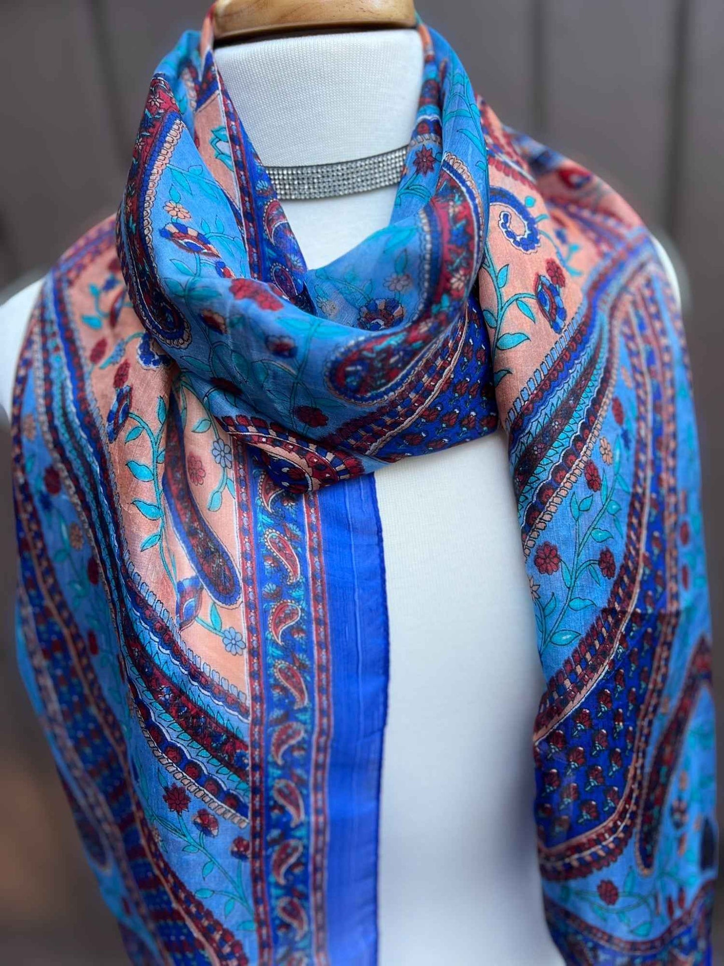 Blue and Peach Silk Scarf