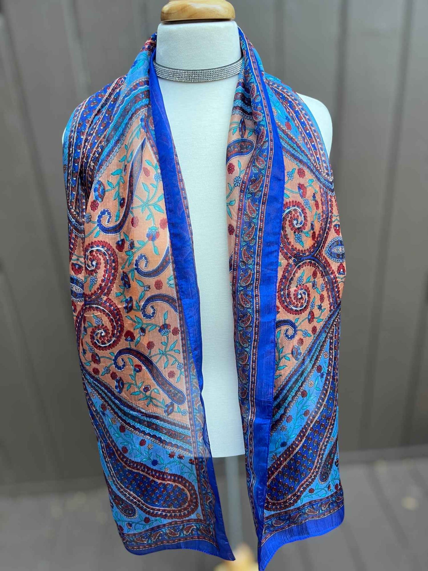 Blue and Peach Silk Scarf