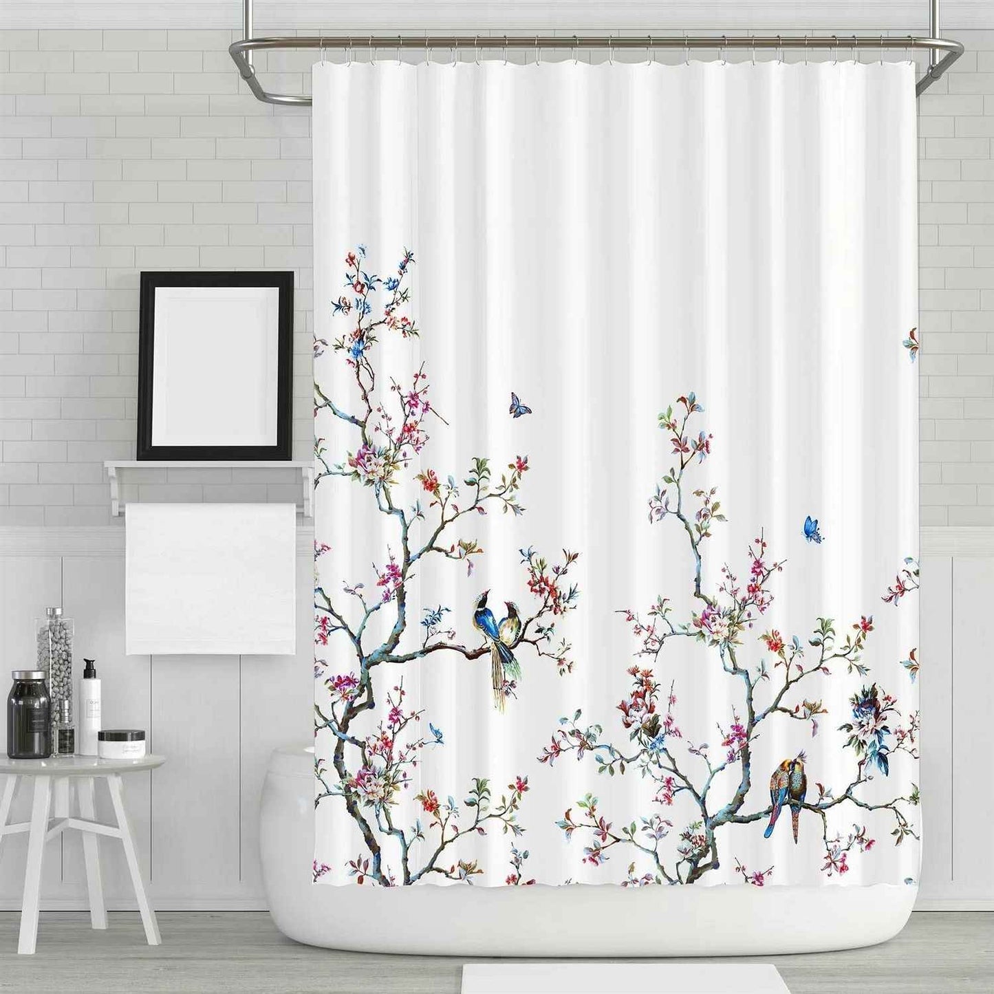 72-in. White Blue Pink Floral Tree Bird Butterfly Japanese Style