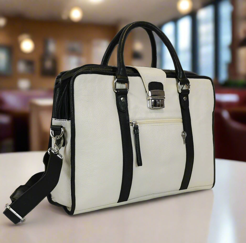 Premium White Top Grain Leather Briefcase 14 Inch Laptop With Lock - Rosetta Creative Boutique