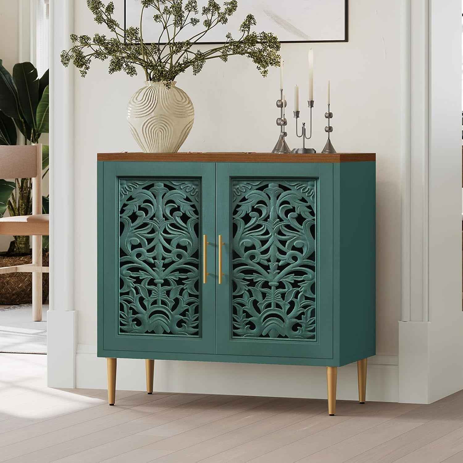 Green Accent Cabinet Carved Storage Vintage Furniture