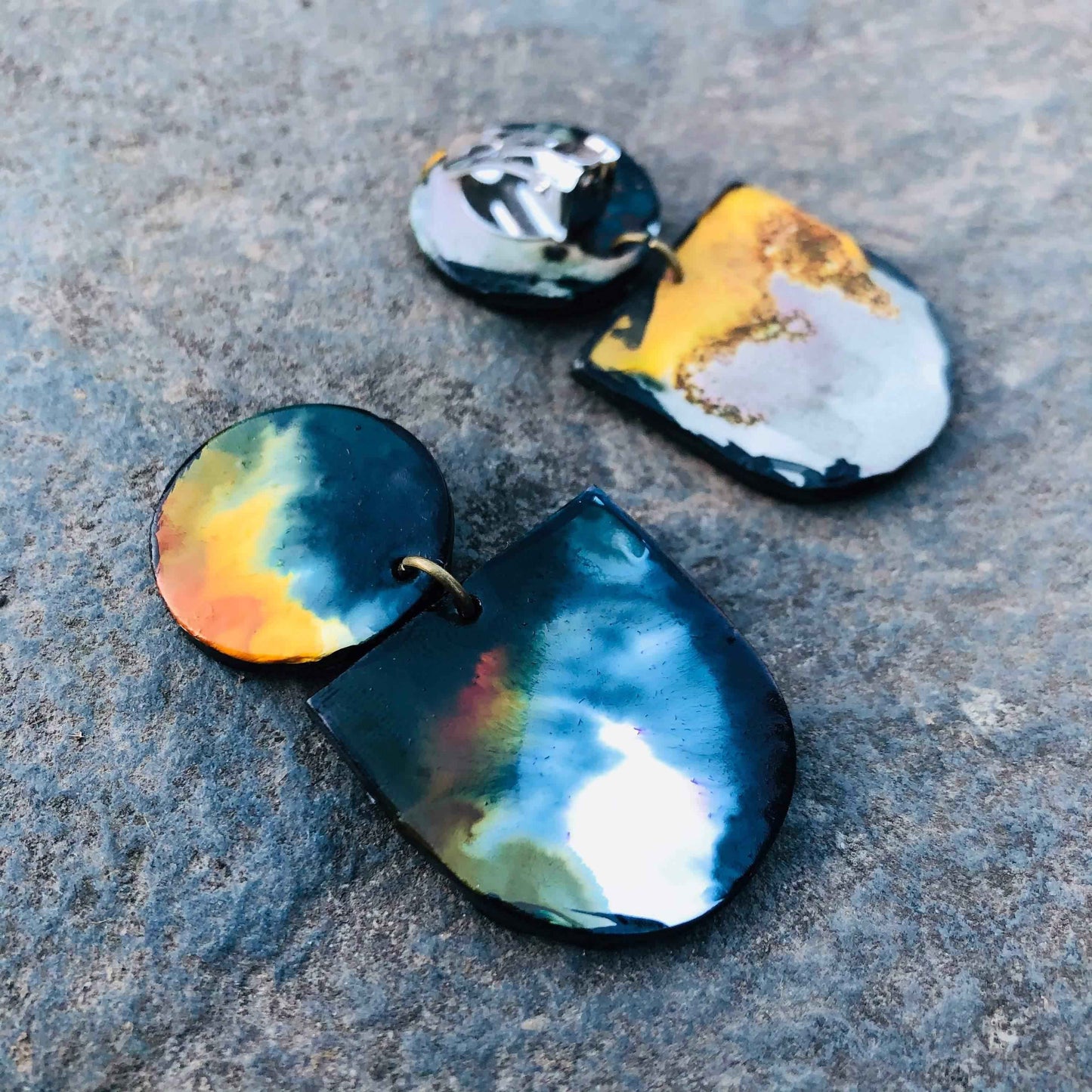 Abstract Hand Painted Earrings in Black White Yellow