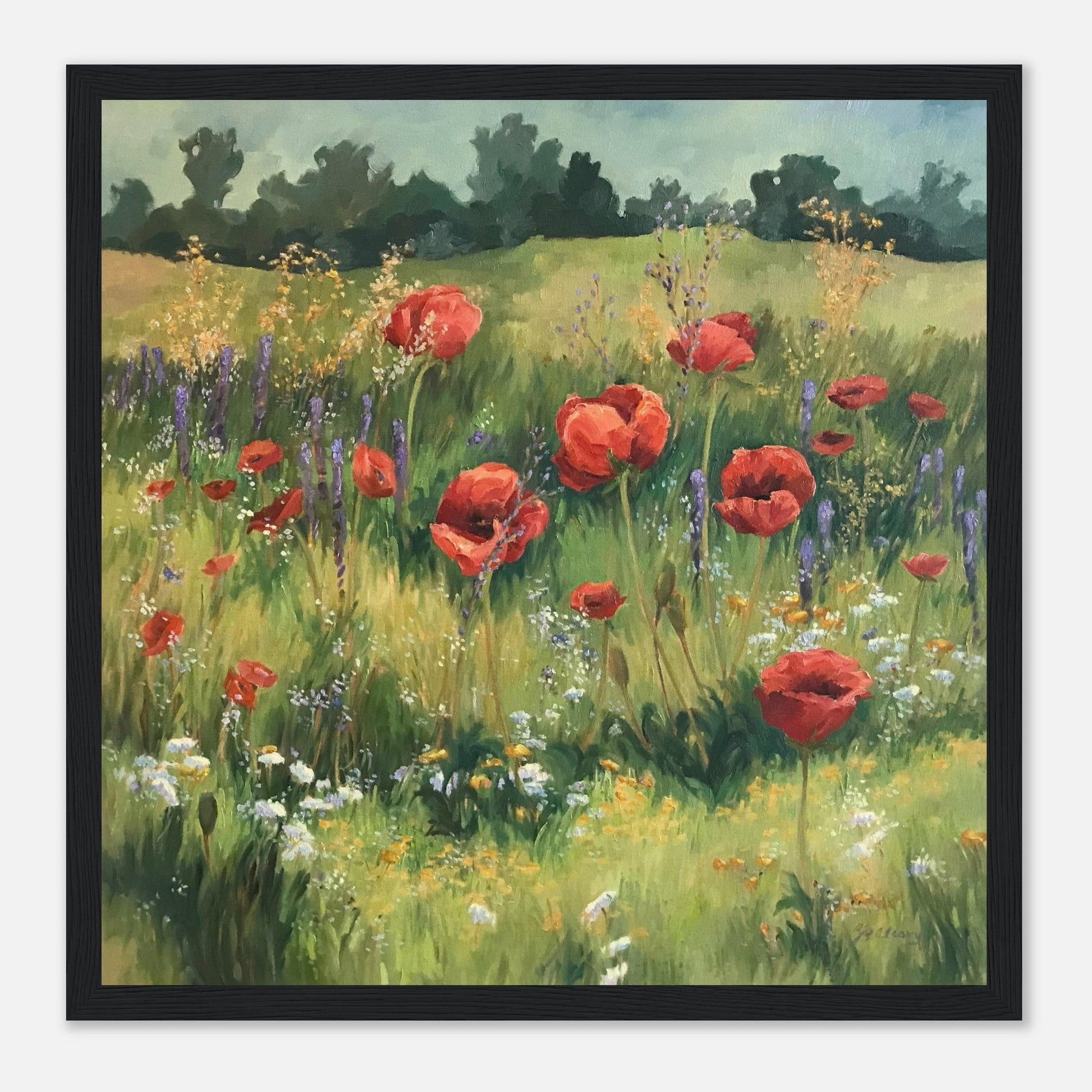 'Field of Red Poppies' Floral I 12x12 inch Wooden Framed Art Print I Original Artwork by American Artist Barbara Cleary - Rosetta Creative Boutique