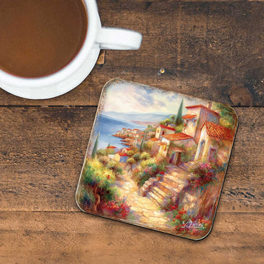 Mediterranean Sea-side Wooden Cork Coasters Gift Set of 4 by G. Debrekht - Coastal Holiday Decor - 8199475C-S4-1