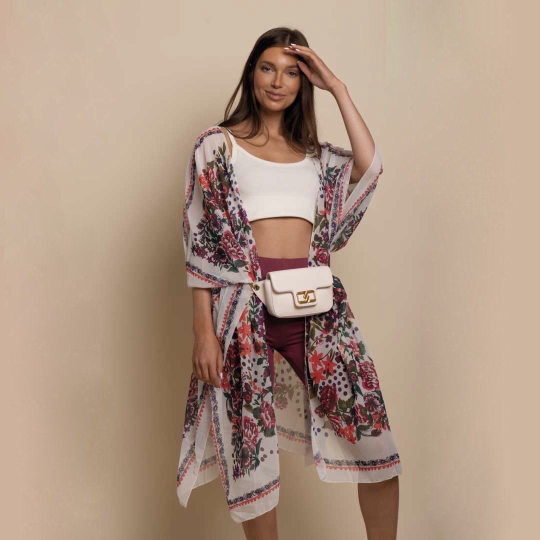 New York White Flower Kimono Chiffon Beach Coverup - Rosetta Creative Boutique