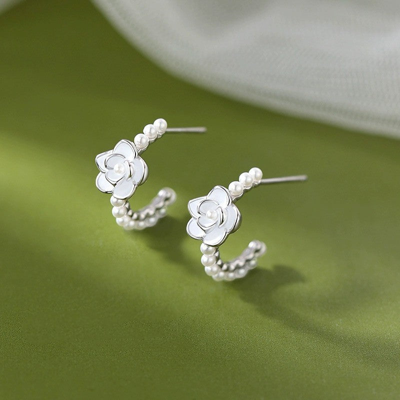 S925 Sterling Silver Camellia Pearl Earrings