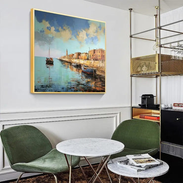 Landscape Oil Painting On Canvas Abstract Pier Scene Boat Wall Art Bedroom Decor