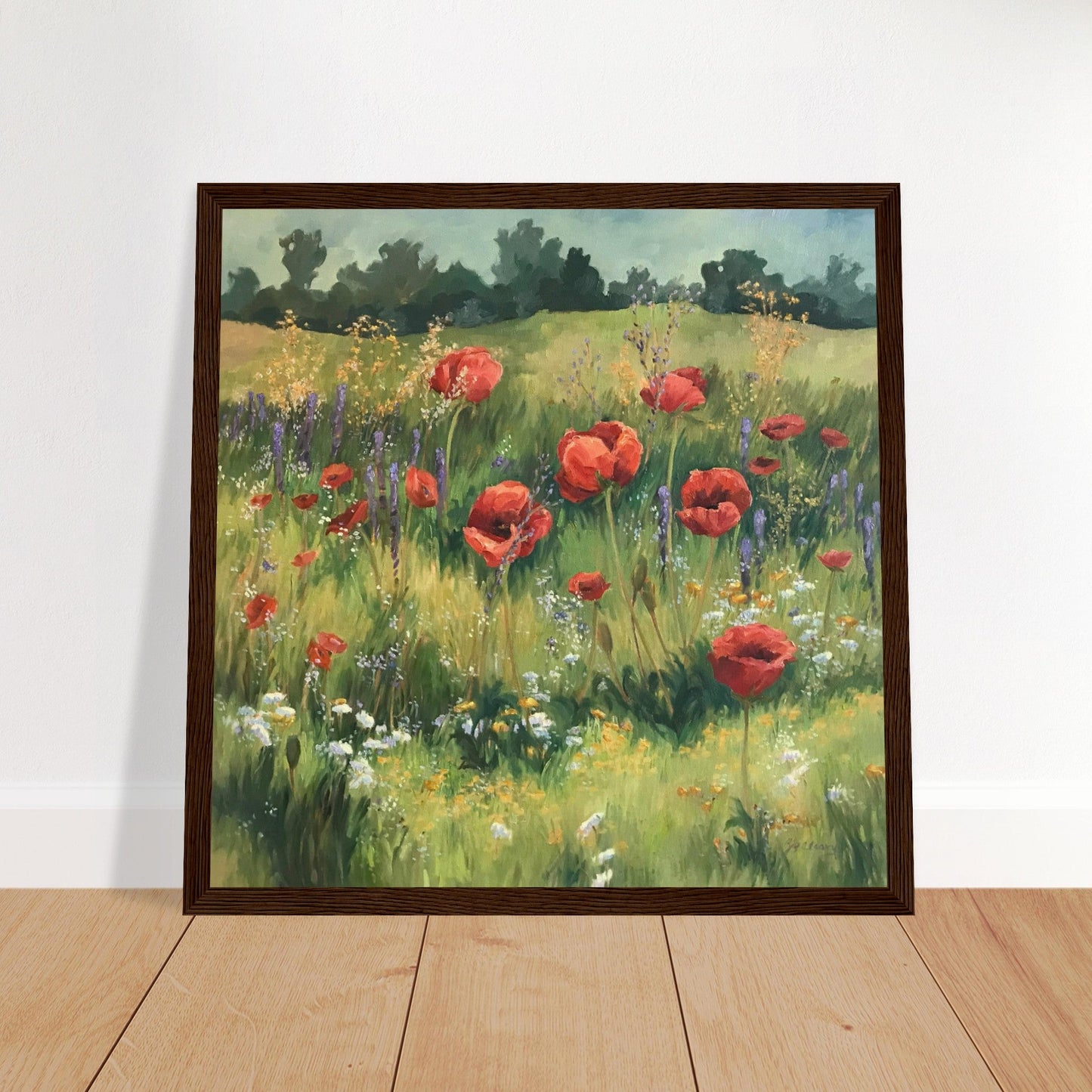 'Field of Red Poppies' Floral I 12x12 inch Wooden Framed Art Print I Original Artwork by American Artist Barbara Cleary - Rosetta Creative Boutique