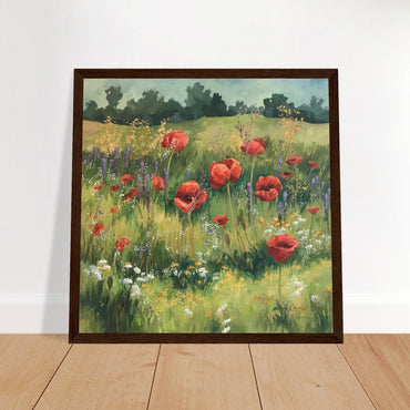 'Field of Red Poppies' Floral I 12x12 inch Wooden Framed Art Print I Original Artwork by American Artist Barbara Cleary - Rosetta Creative Boutique
