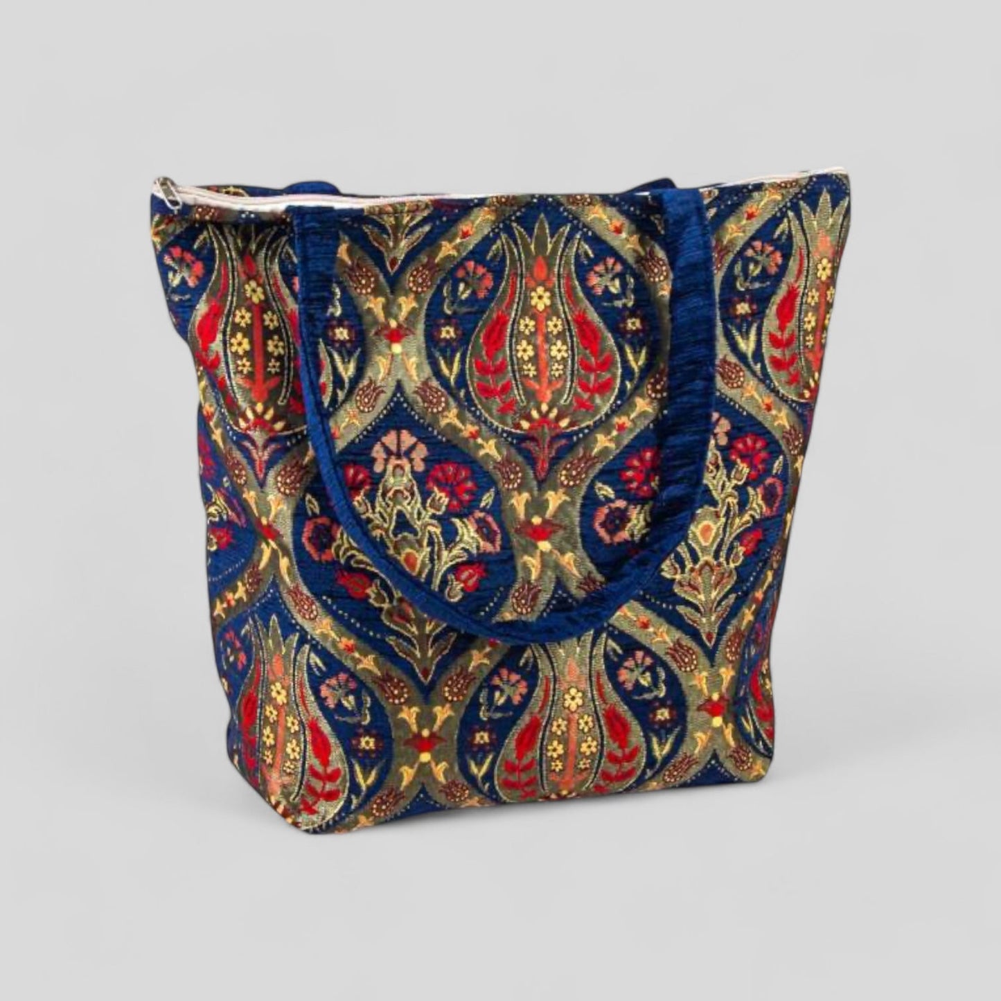 Authentic Kilim Ottoman Purse With Handles Blue Gold Red - Rosetta Creative Boutique