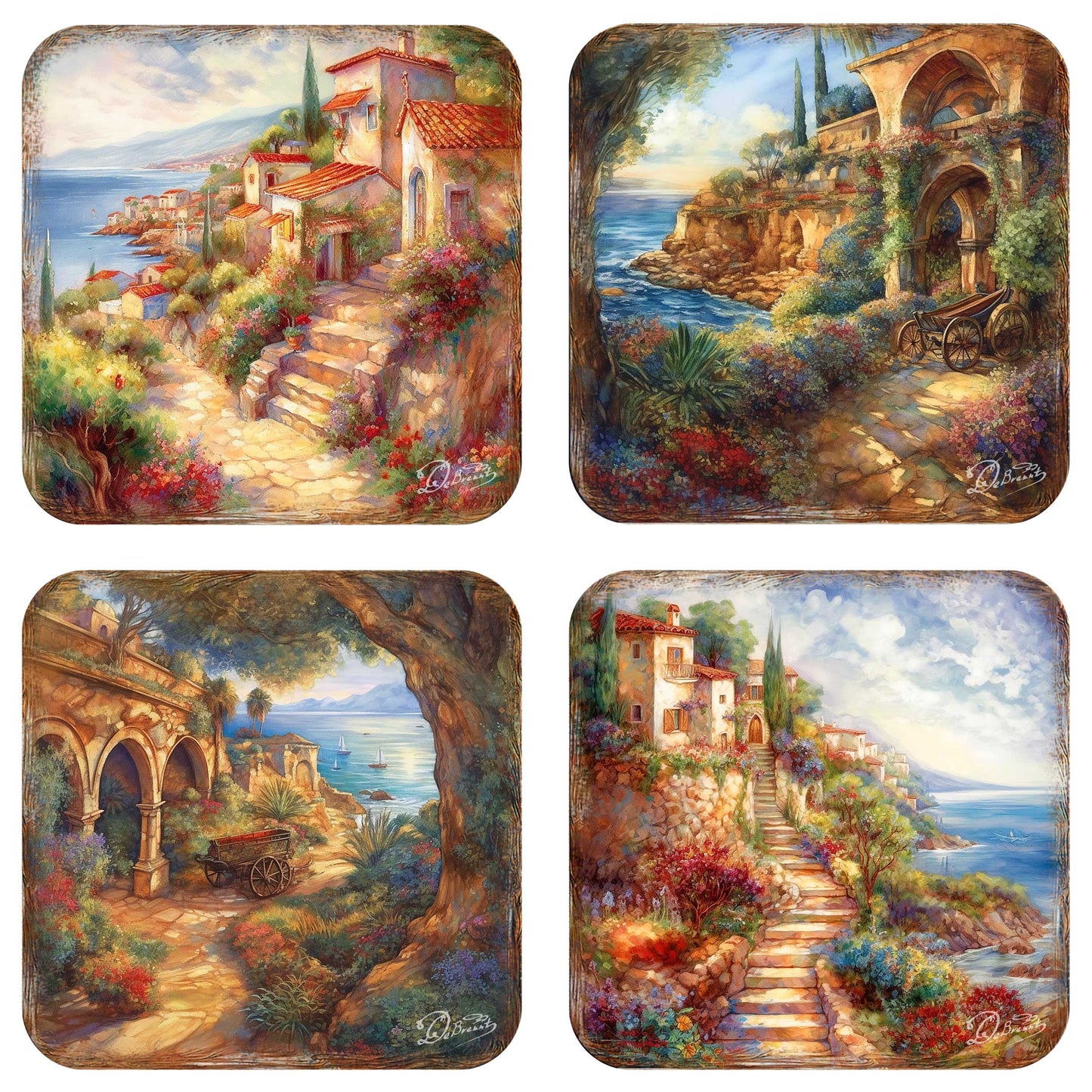 Mediterranean Sea-side Wooden Cork Coasters Gift Set of 4 by G. Debrekht - Coastal Holiday Decor - 8199475C-S4-4