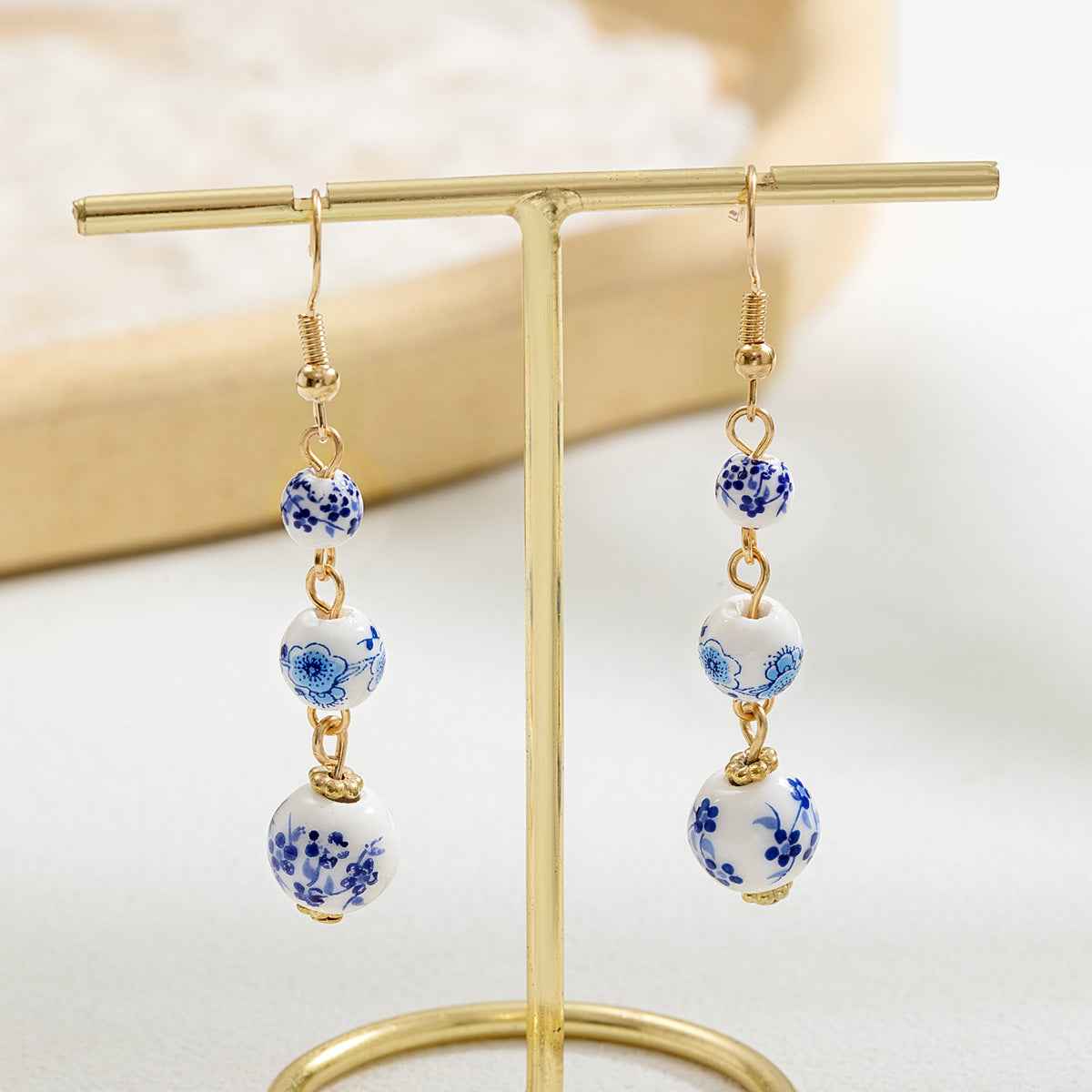 Blue And White Porcelain Ceramic Beads Long Earrings