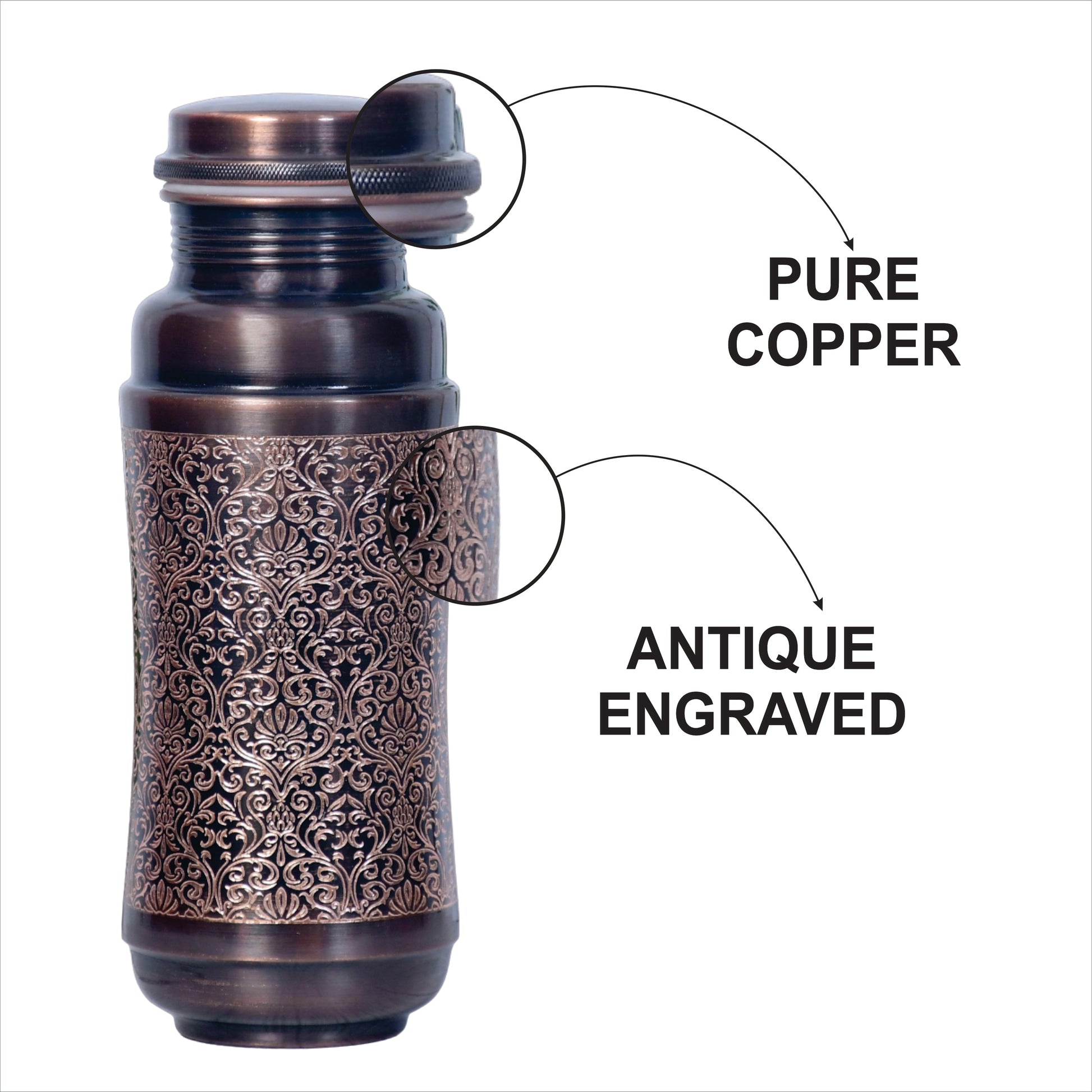 Copper Water Bottle Leak Proof Rust Free Antique Engraved - Rosetta Creative Boutique