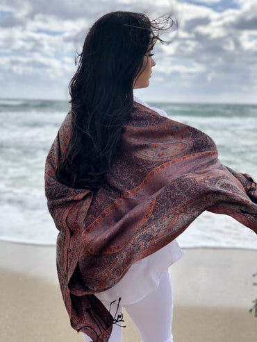 Burgundy Pashmina Scarf - Reversible Jamawar Luxury Accessory - Rosetta Creative Boutique