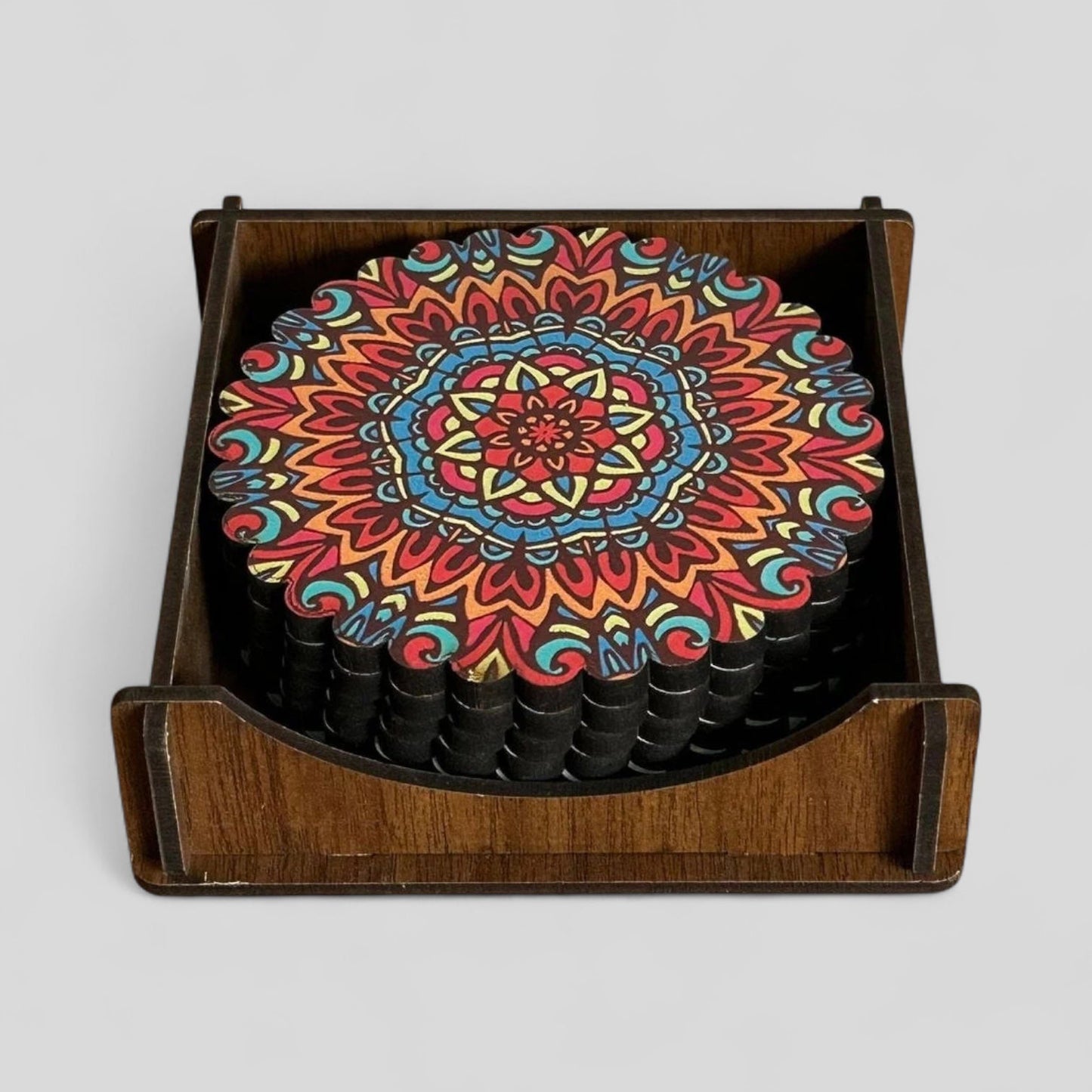 Turkish Wooden Coaster Set With Holder Warm Tone Mandala - Rosetta Creative Boutique