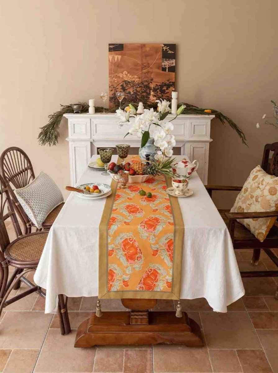 Italian Style Fall Table Runner With Pumpkin Print And Handmade Tassels