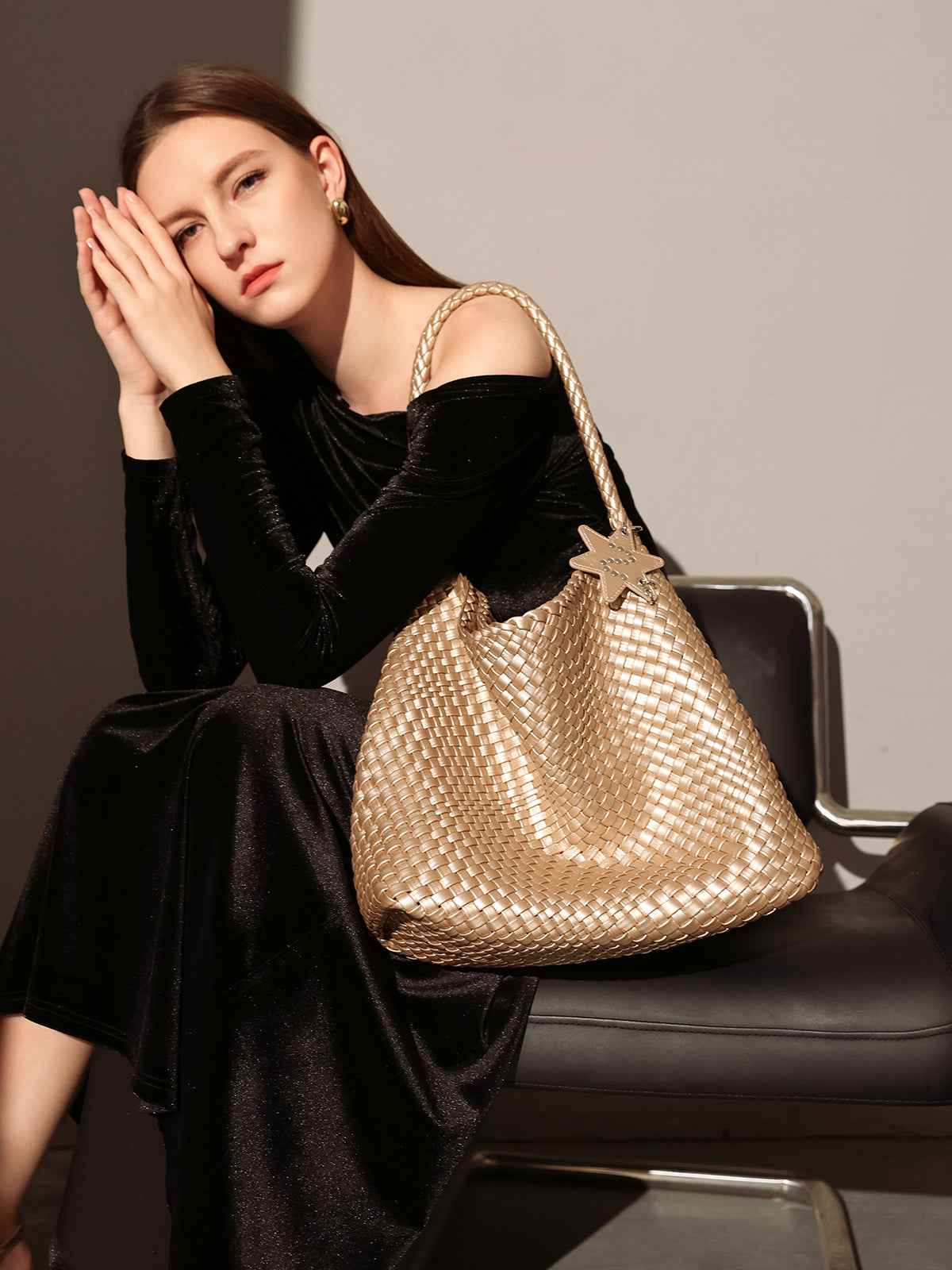 Metallic Champagne Woven Tote